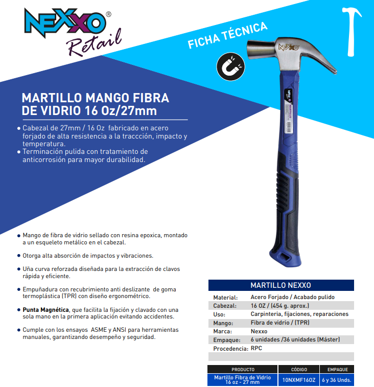 Martillo Punta Magnética - Mango Fibra de Vidrio