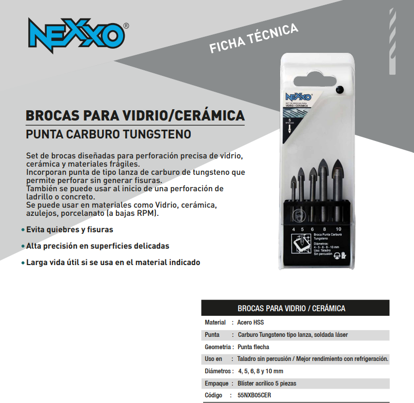 Broca Vidrio-Cerámica Punta C. Tungsteno