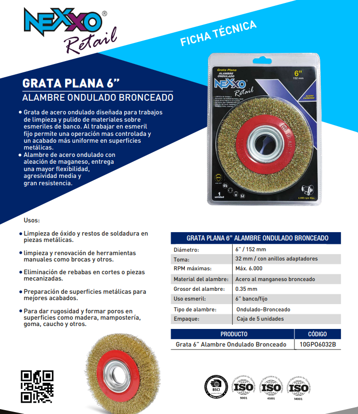 Grata Plana 6" Alambre Ondulado Bronceado